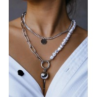 Ожерелье жемчужное и Цепочка двойная с жемчужным ожерельем серебристая с подвеской, набор цепочек женских, колье под жемчуг от ANuri, цепь с монеткой и шариком. Подарок на 8 марта, серебристый цвет