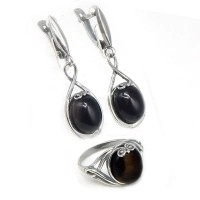 Комплект кольцо и серьги с черным агатом КС0243-1311, оправа посеребренный мельхиор/Комплект с натуральными камнями