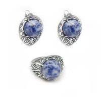 Комплект кольцо и серьги с лазуритом КС2147-1313, оправа посеребренный мельхиор/Комплект с натуральными камнями