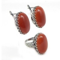 Комплект кольцо и серьги с сердоликом КС3446-1287, оправа посеребренный мельхиор/Комплект с натуральными камнями